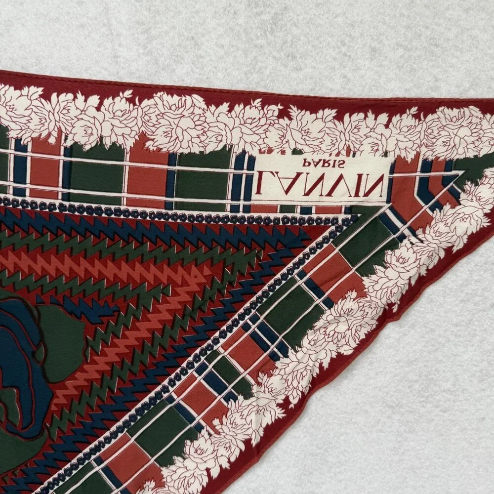 Lanvin Paris Scarf Womens One Size Silk Triangle Floral Plaid Made France Red